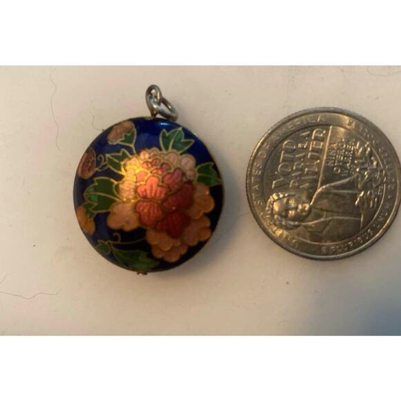 Vintage Cloisonné Floral Round Double Sided Pendant Enamel Blue Gold - Picture 2 of 4